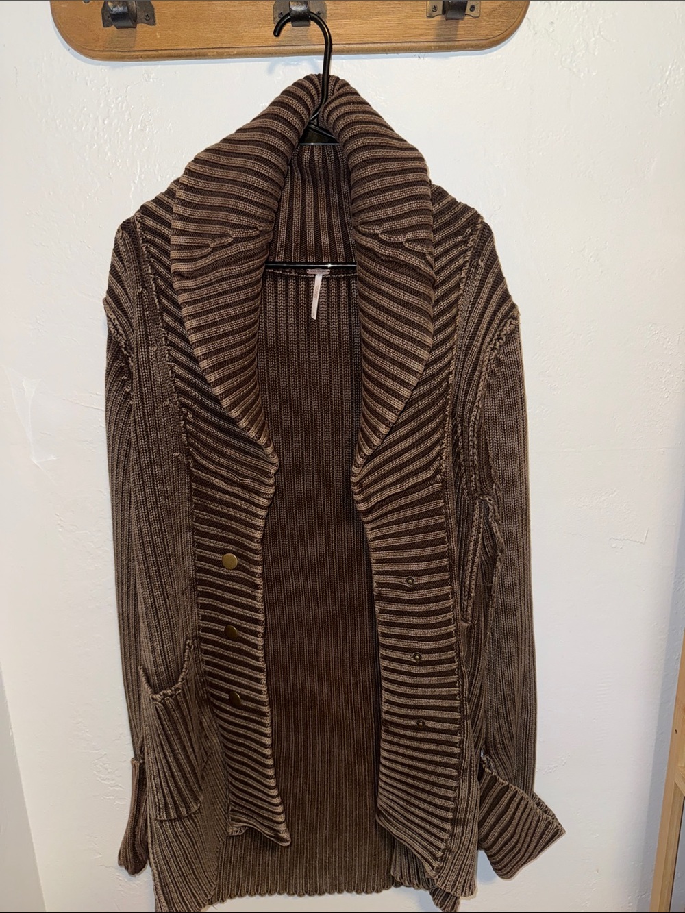 Free People Chocolate Brown Ribbed Shawl-Collar Open jacket